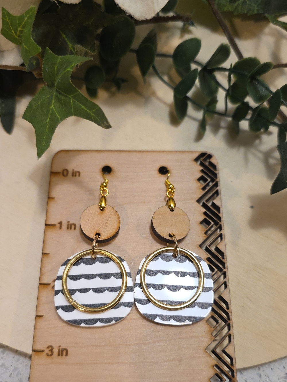 Gold Hoop Black & White Striped Wood Drop Earrings